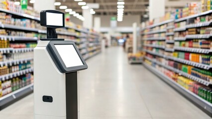 A self-service kiosk in a grocery store aisle, surrounded by shelves stocked with various products, offering a modern shopping experience.