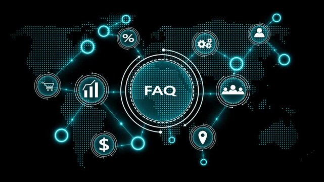 Digital World Map Infographic with FAQ Central Hub and Cyan Neon Connections frequently asked questions