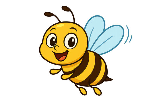 Cute cartoon bee character flying, smiling and happy, a friendly yellow and black insect mascot on transparent background