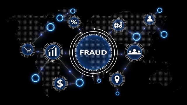 Global Network Diagram with FRAUD Central Text and Blue Neon Connectivity FRAUD deception