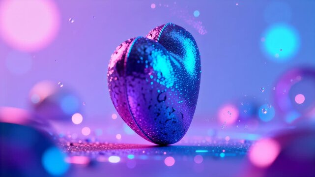 Glitter heart sits on a reflective surface surrounded by colorful bokeh lights and suspended droplets. Close-up composition emphasizes texture and shine. Soft neon tones evoke romantic and festive moo