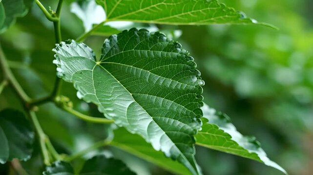 Closeup of vibrant green mulberry leaves on a tree branch in natural light.