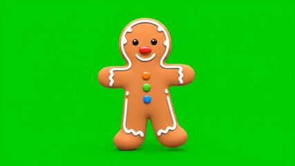 A high-quality 3d render of a cheerful gingerbread man character, featuring colorful buttons and icing, standing isolated on a bright green screen.