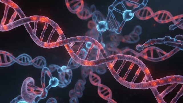 high resolution 3D animation of synaptic neurotransmitter interaction transitioning into a cinematic dolly shot of detailed DNA with vibrant cellular textures
