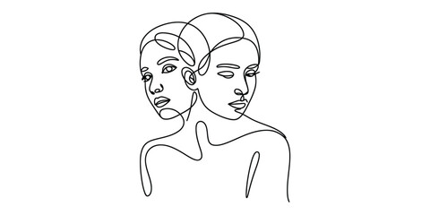 Continuous line drawing of two faces back to back, minimalist art