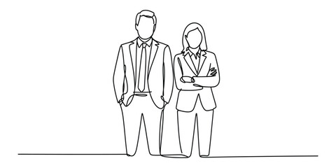 One line drawing of business couple standing together
