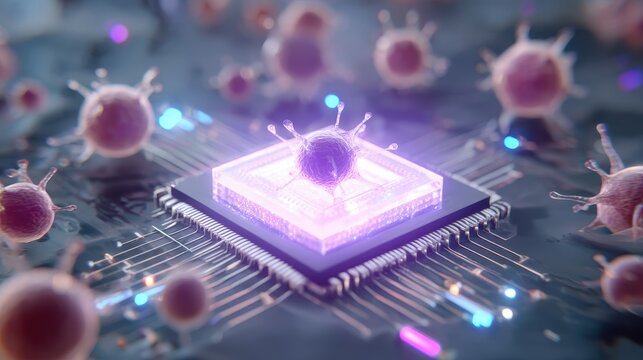 Microscopic virus or pathogen interacting with a glowing computer chip on a circuit board, symbolizing cybersecurity and disease research. - Powered by Adobe