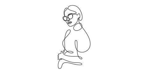Continuous line drawing of a woman wearing glasses, minimalist portrait