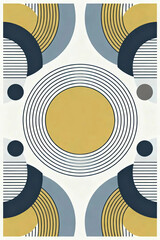 Abstract geometric pattern featuring concentric circles and semicircles in yellow, blue, and gray tones on a white background, resembling a modern art illustration from a frontal viewpoint.