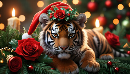 Festive Christmas Tiger Cub with Santa Hat and Red Roses