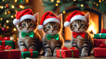 Festive Holiday Cats with Gift Boxes and Warm Winter Lights