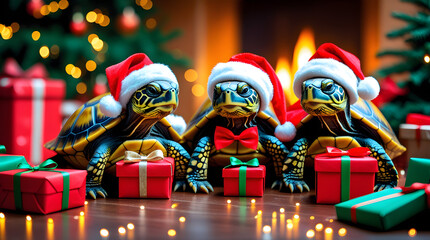 Festive Christmas Turtles Wearing Santa Hats with Holiday Gifts

