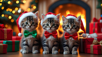 Cute Christmas Kittens Wearing Santa Hats by Cozy Fireplace