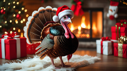 Festive Christmas Turkey Wearing Santa Hat by Cozy Fireplace