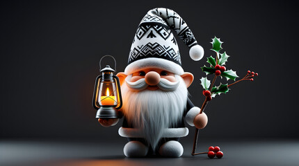 Festive Christmas Gnome Holding Lantern on Dark Background