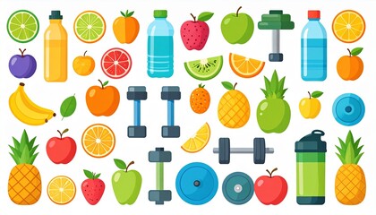 A collection of healthy lifestyle essentials like fruits, weights, and water, styled on a white background