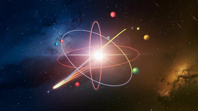 Glowing atom model with colorful electron orbits set against a deep cosmic background that evokes science and astronomy. Dark areas provide copy space for text and design elements