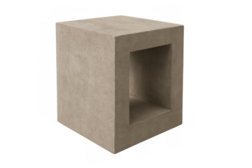 Concrete minimalist cube side table with brutalist design, modern architectural furniture element providing storage space