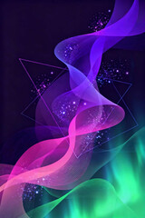 Vibrant abstract shapes swirling in a dark environment with neon colors and geometric patterns