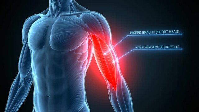 A high-tech 3D medical illustration of the human upper body and arm, featuring the Biceps Brachii (Short Head) highlighted in glowing red with digital data callouts for anatomical analysis.
