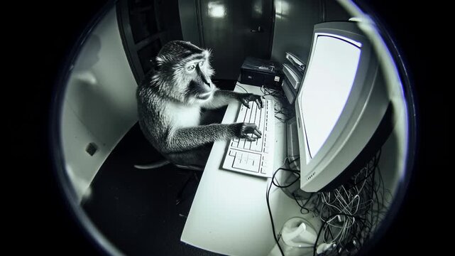A CCTV-style surveillance footage of a monkey sitting in a small room, using a computer. The camera angle is from the top corner of the room with a fisheye lens distortion