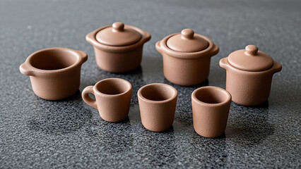 Set of brown clay tea cups.