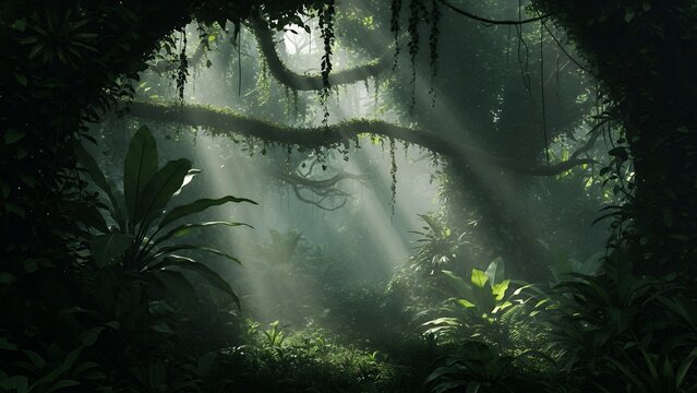 Mystical jungle scene with sunbeams piercing through lush green foliage