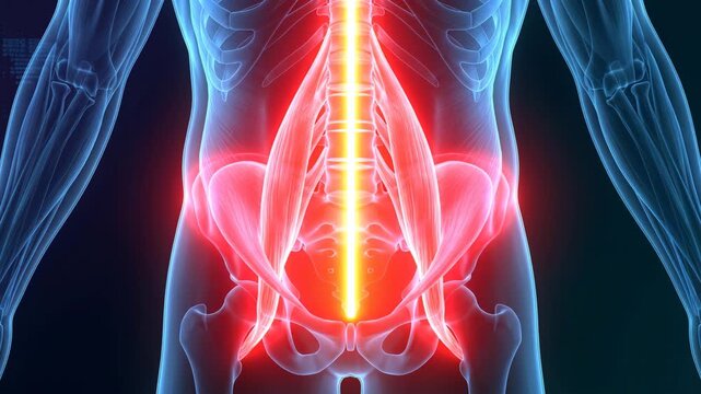 A detailed 3D medical illustration of the human lower torso and pelvis, highlighting the psoas major and iliacus muscles in glowing red to show hip flexor anatomy and core muscle activation.
