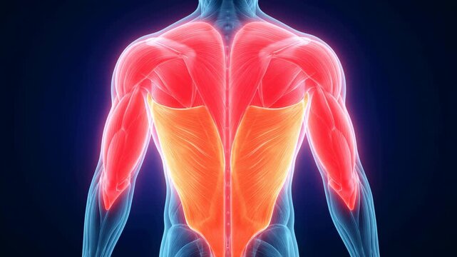 A professional 3D medical illustration of the human posterior torso, highlighting the Latissimus Dorsi muscles in glowing orange and red to show back muscle activation and anatomical structure.
