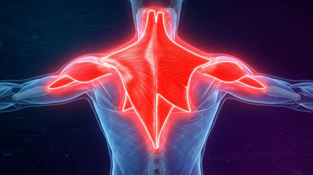A professional 3D medical illustration of the posterior human neck and upper back, highlighting the Middle Trapezius muscle in glowing red with an "85% Muscle Activation" digital data overlay.
