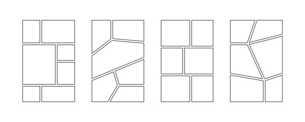 Comic book panel frame set. Pop art template grid page collection. Empty image collage moodboard layout pack. Picture mood board ideas. Storyboard design for photo, poster, manga mockup. Vector