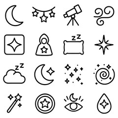 Fototapeta premium Moon and Stars Icon Set: A captivating collection of meticulously crafted, minimalist icons, symbolizing the enchanting world of night sky, dreams, and cosmic wonders. 