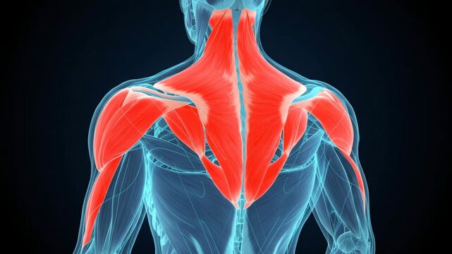 A professional 3D medical illustration of the posterior human torso, highlighting the superficial muscles of the upper back, neck, and shoulders, including the trapezius and deltoids, in soft red.
