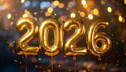 Golden foil balloons spelling out 2026 for New Year celebration with festive bokeh background and glitter.