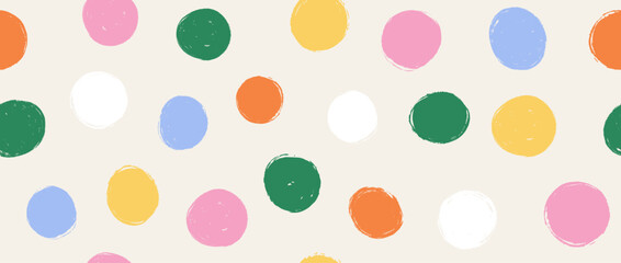 Bright birthday polka dot seamless pattern. Repeated round painted confetti background. Cute colorful dotted wallpaper for Easter wrapping paper, birthday decoration, kid bday nursery decor. Vector