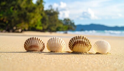Four seashells on a golden sandy beach with a tropical ocean and green trees in the blurred background under a blue sky.