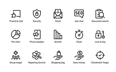 Digital marketing, analytics, and commerce icons set. Email, SEO, shopping, security, promotion, target, communication, and business growth collection.