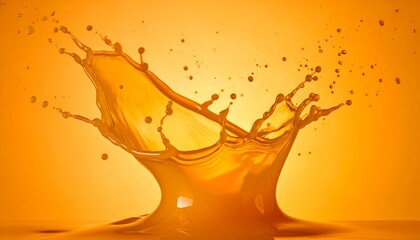 Dynamic splash of fresh orange juice on a vibrant orange background, captured in high-speed photography.