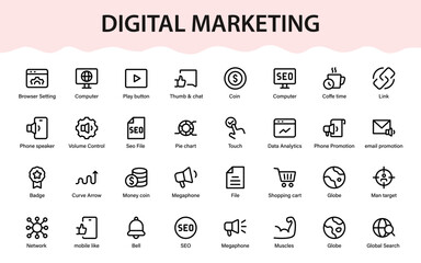 Digital marketing communication promotion icons. Analytics, SEO, social engagement, commerce, messaging, growth symbols