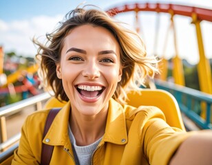 絶叫する女性の遊園地自撮り