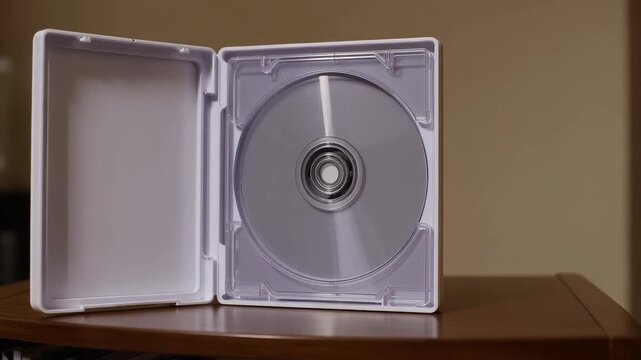 A professional studio shot of an open white plastic DVD or Blu-ray case containing a blank silver disc, placed on a wooden surface with a shallow depth-of-field background for copy space.
