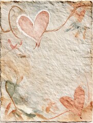 Fototapeta premium Vintage watercolor hearts on aged textured paper for rustic romantic background