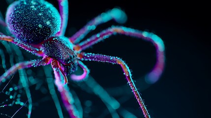 Neon-glitter spider close-up with dewy beads glowy