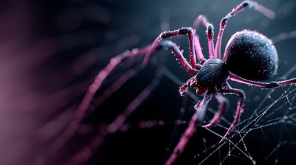 Close-up purple-lit black spider on glistening web