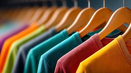 Row of colorful Tshirts on wooden hangers arranged