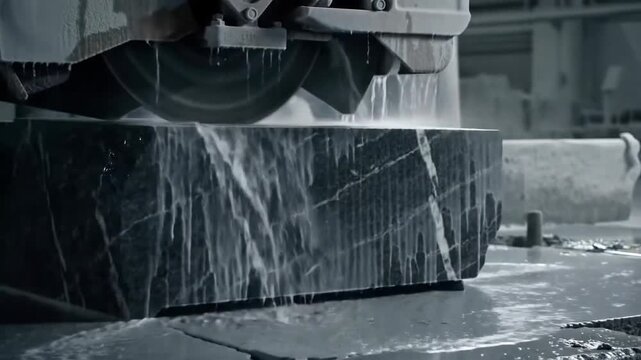 Industrial Saw Cutting Granite Block in Stone Processing Factory