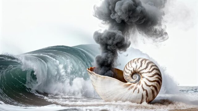 Nautilus shell emits thick black smoke while sitting near a large breaking ocean wave. The surreal coastal scene combines natural marine forms with atmospheric contrast. Motion and texture are emphasi