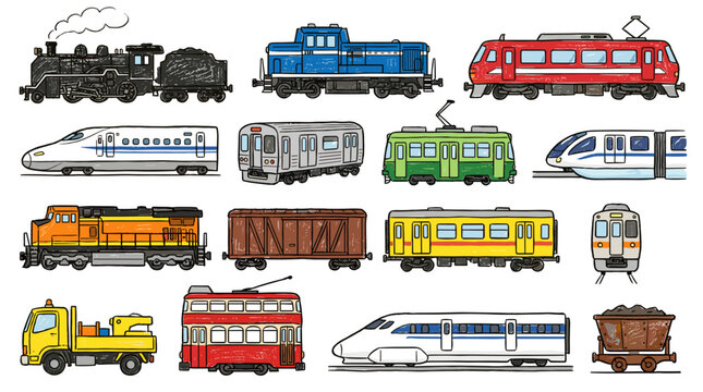 A diverse collection of various types of trains and railway vehicles, including steam locomotives, modern high-speed trains, and freight cars, rendered in a pixel art style.