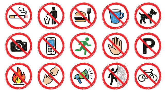 A collection of prohibition signs indicating actions or items that are not allowed in a specific area.