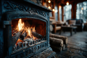 Fototapeta premium A cozy interior with a wood-burning stove and a live fire in a country house or forest cabin 